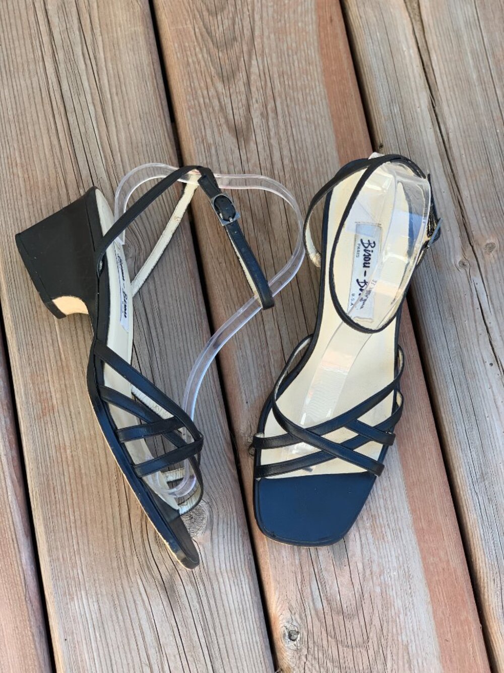 Vintage 90s Square Open Toe Strappy Sandals 9 Black Leather Mid Block Heel Shoes